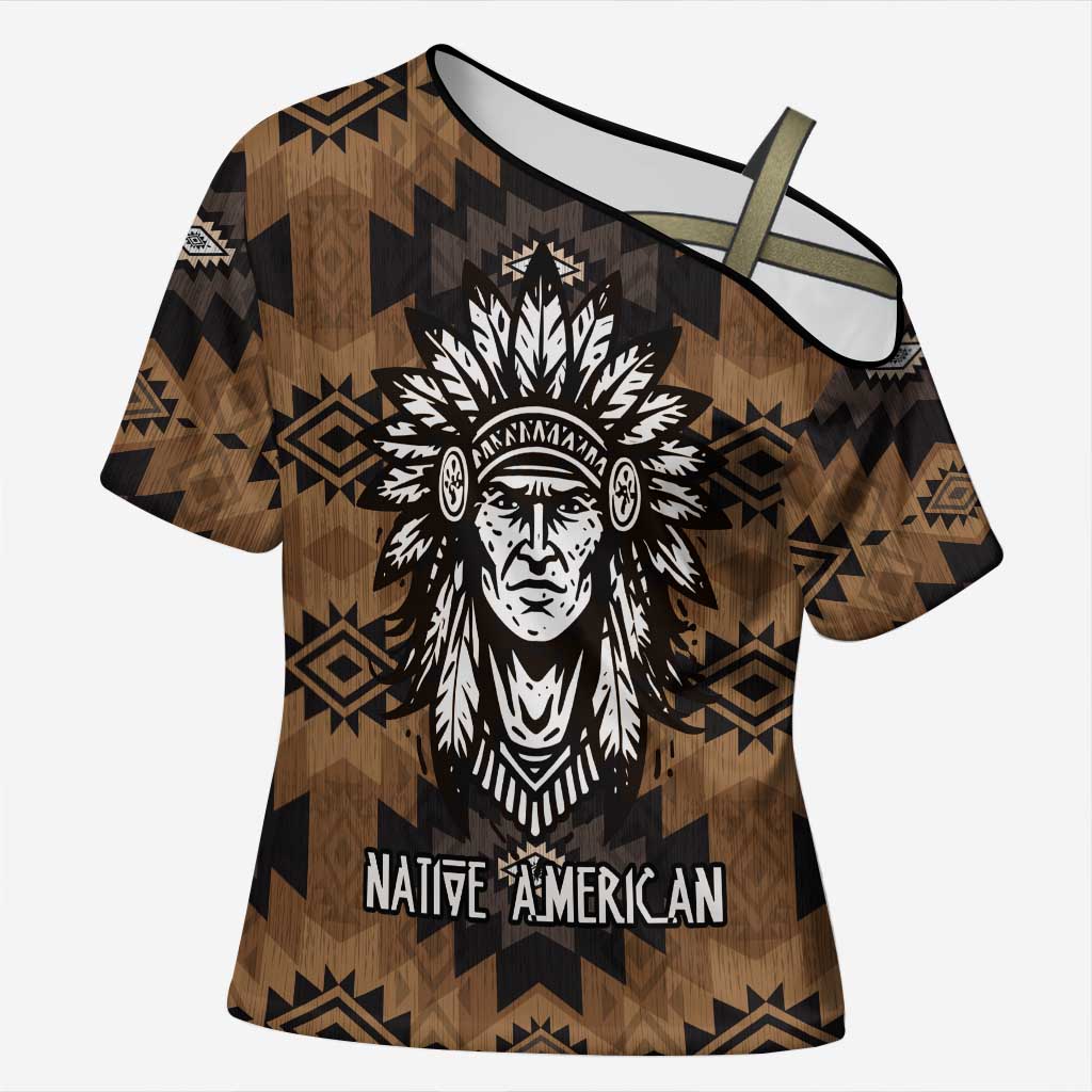 Native American Chief Warrior Cross Shoulder Shirt Feather Headdress and Horse Tribal Arrow Pattern - Wonder Print Shop