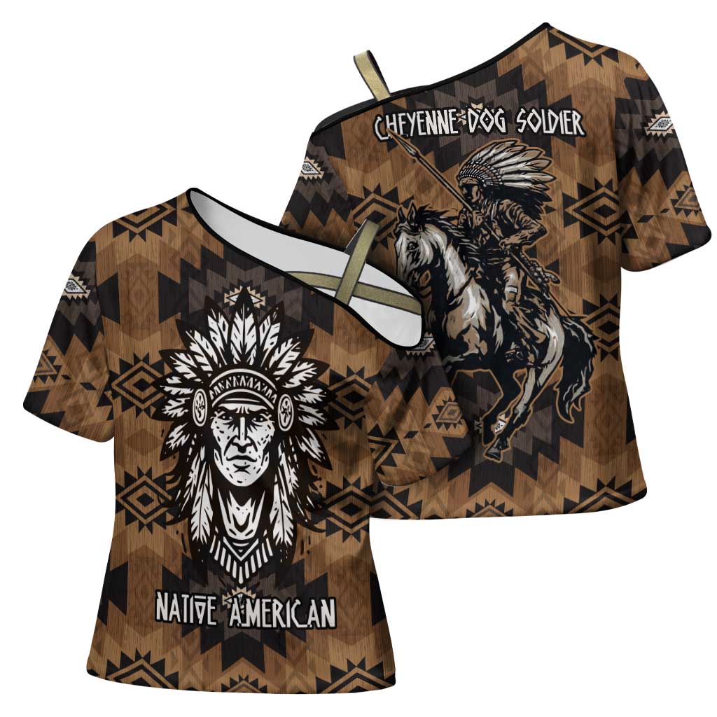 Native American Chief Warrior Cross Shoulder Shirt Feather Headdress and Horse Tribal Arrow Pattern - Wonder Print Shop