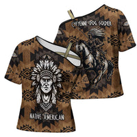 Native American Chief Warrior Cross Shoulder Shirt Feather Headdress and Horse Tribal Arrow Pattern - Wonder Print Shop