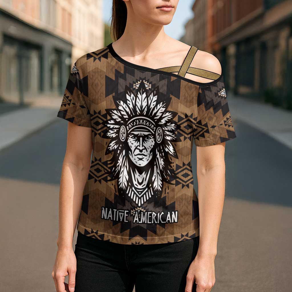 Native American Chief Warrior Cross Shoulder Shirt Feather Headdress and Horse Tribal Arrow Pattern - Wonder Print Shop