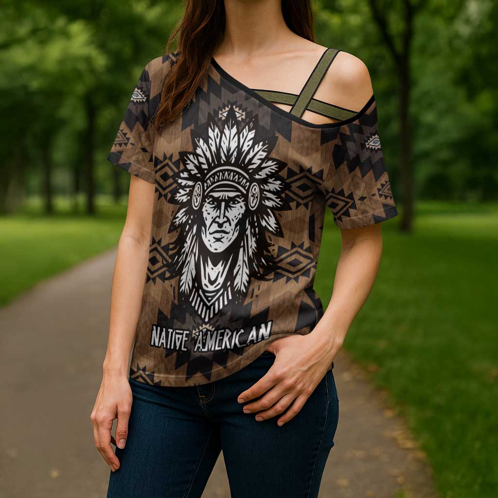 Native American Chief Warrior Cross Shoulder Shirt Feather Headdress and Horse Tribal Arrow Pattern - Wonder Print Shop