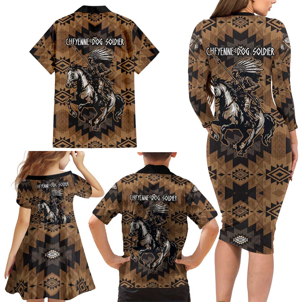 Native American Chief Warrior Family Matching Long Sleeve Bodycon Dress and Hawaiian Shirt Feather Headdress and Horse Tribal Arrow Pattern - Wonder Print Shop
