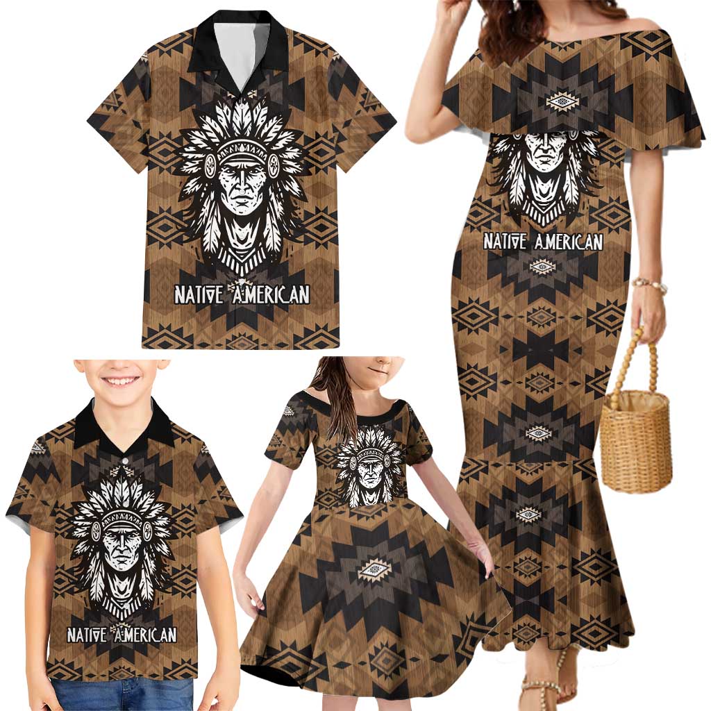 Native American Chief Warrior Family Matching Mermaid Dress and Hawaiian Shirt Feather Headdress and Horse Tribal Arrow Pattern - Wonder Print Shop
