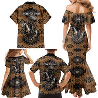 Native American Chief Warrior Family Matching Mermaid Dress and Hawaiian Shirt Feather Headdress and Horse Tribal Arrow Pattern - Wonder Print Shop