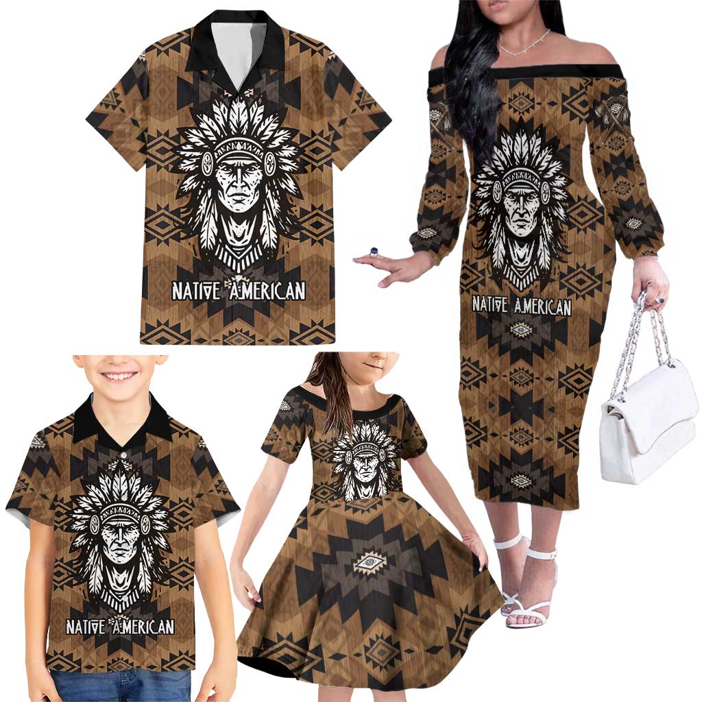 Native American Chief Warrior Family Matching Off The Shoulder Long Sleeve Dress and Hawaiian Shirt Feather Headdress and Horse Tribal Arrow Pattern - Wonder Print Shop