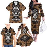 Native American Chief Warrior Family Matching Off The Shoulder Long Sleeve Dress and Hawaiian Shirt Feather Headdress and Horse Tribal Arrow Pattern - Wonder Print Shop