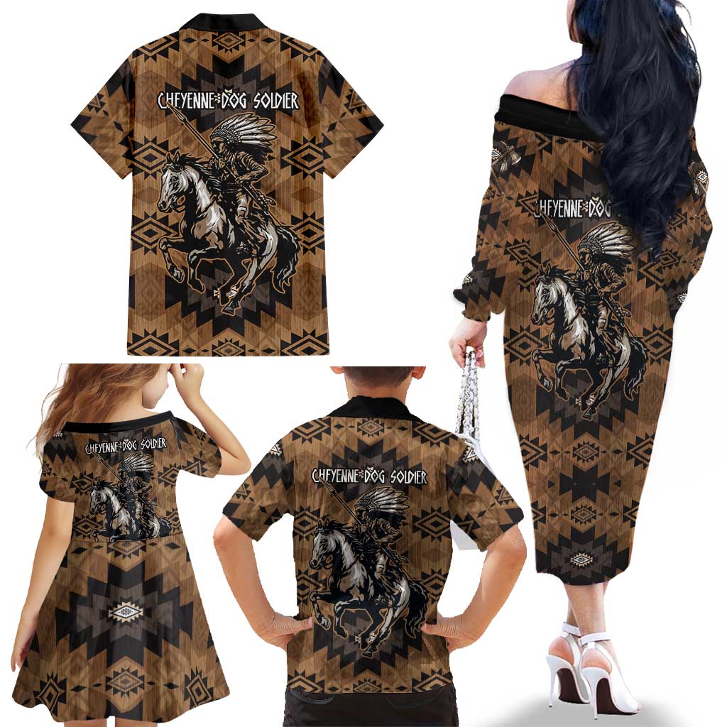 Native American Chief Warrior Family Matching Off The Shoulder Long Sleeve Dress and Hawaiian Shirt Feather Headdress and Horse Tribal Arrow Pattern - Wonder Print Shop