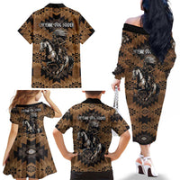 Native American Chief Warrior Family Matching Off The Shoulder Long Sleeve Dress and Hawaiian Shirt Feather Headdress and Horse Tribal Arrow Pattern - Wonder Print Shop