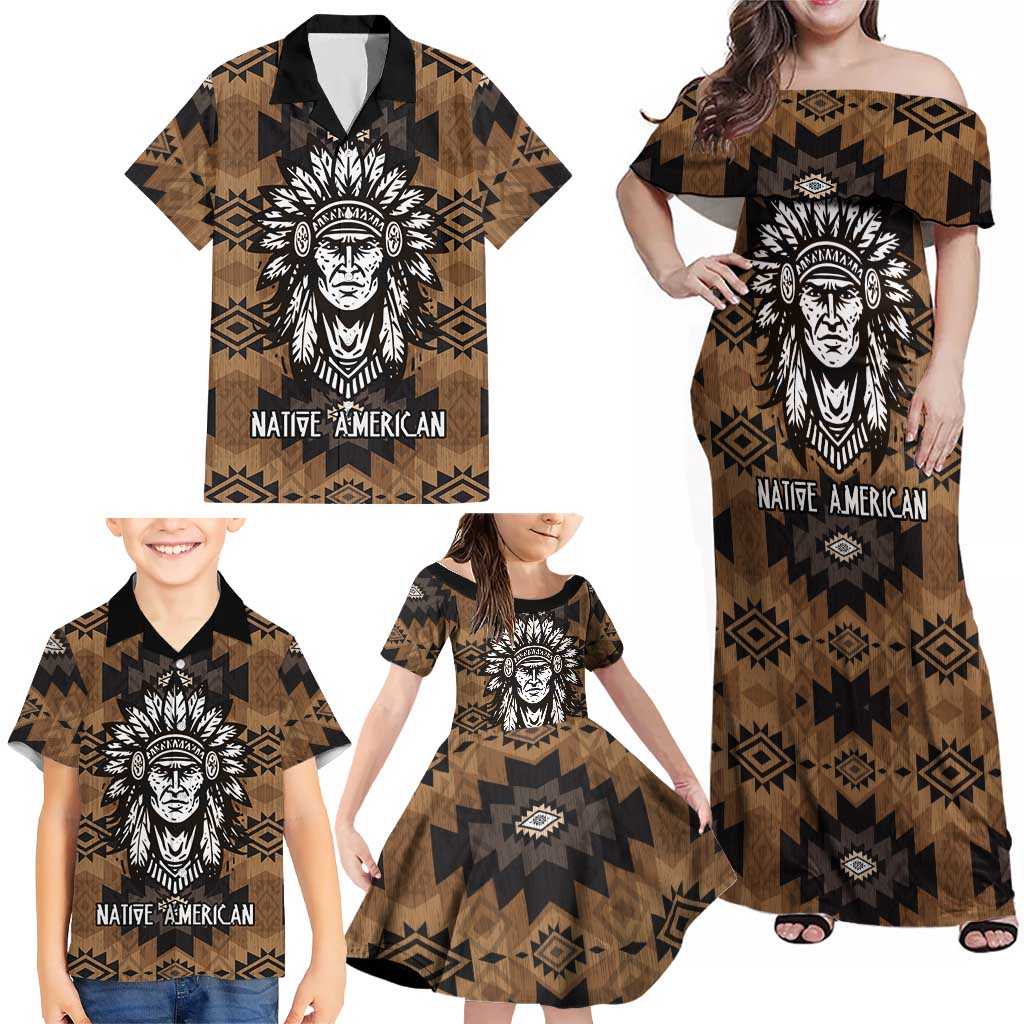 Native American Chief Warrior Family Matching Off Shoulder Maxi Dress and Hawaiian Shirt Feather Headdress and Horse Tribal Arrow Pattern - Wonder Print Shop