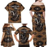 Native American Chief Warrior Family Matching Off Shoulder Maxi Dress and Hawaiian Shirt Feather Headdress and Horse Tribal Arrow Pattern - Wonder Print Shop