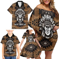 Native American Chief Warrior Family Matching Off Shoulder Short Dress and Hawaiian Shirt Feather Headdress and Horse Tribal Arrow Pattern - Wonder Print Shop