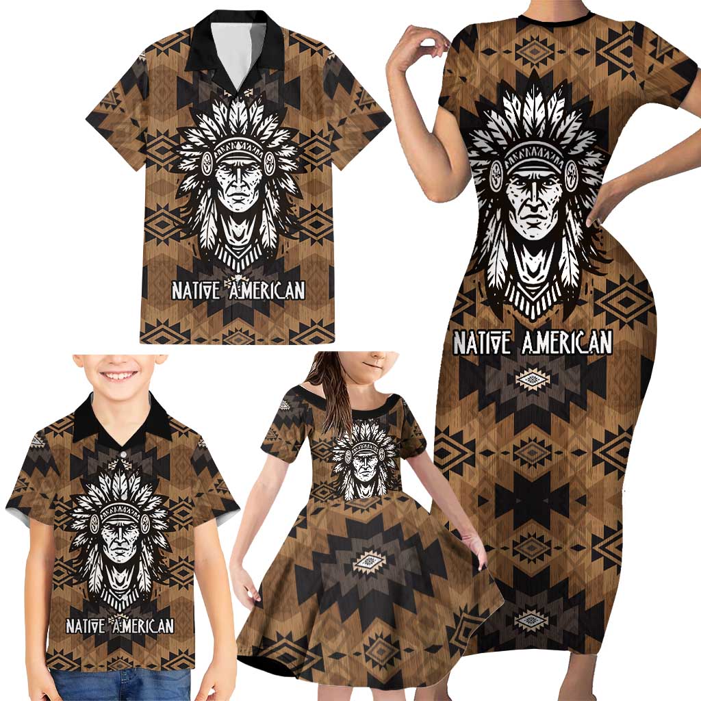 Native American Chief Warrior Family Matching Short Sleeve Bodycon Dress and Hawaiian Shirt Feather Headdress and Horse Tribal Arrow Pattern - Wonder Print Shop