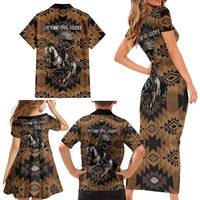 Native American Chief Warrior Family Matching Short Sleeve Bodycon Dress and Hawaiian Shirt Feather Headdress and Horse Tribal Arrow Pattern - Wonder Print Shop
