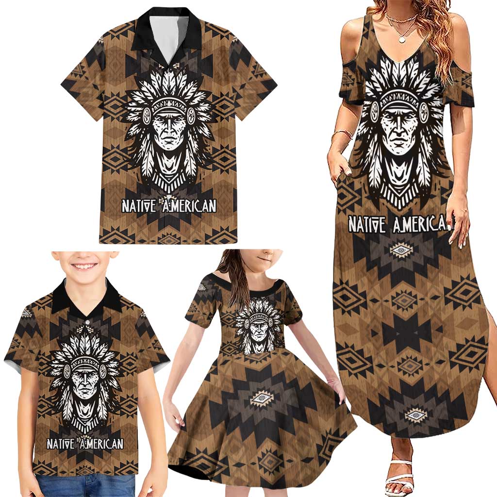Native American Chief Warrior Family Matching Summer Maxi Dress and Hawaiian Shirt Feather Headdress and Horse Tribal Arrow Pattern - Wonder Print Shop