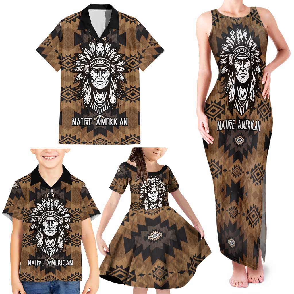 Native American Chief Warrior Family Matching Tank Maxi Dress and Hawaiian Shirt Feather Headdress and Horse Tribal Arrow Pattern - Wonder Print Shop