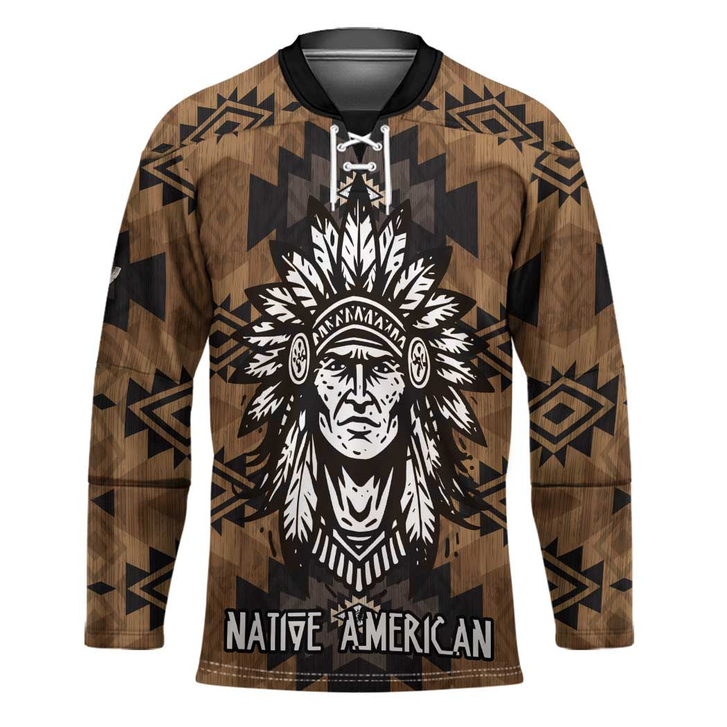 Native American Chief Warrior Hockey Jersey Feather Headdress and Horse Tribal Arrow Pattern - Wonder Print Shop