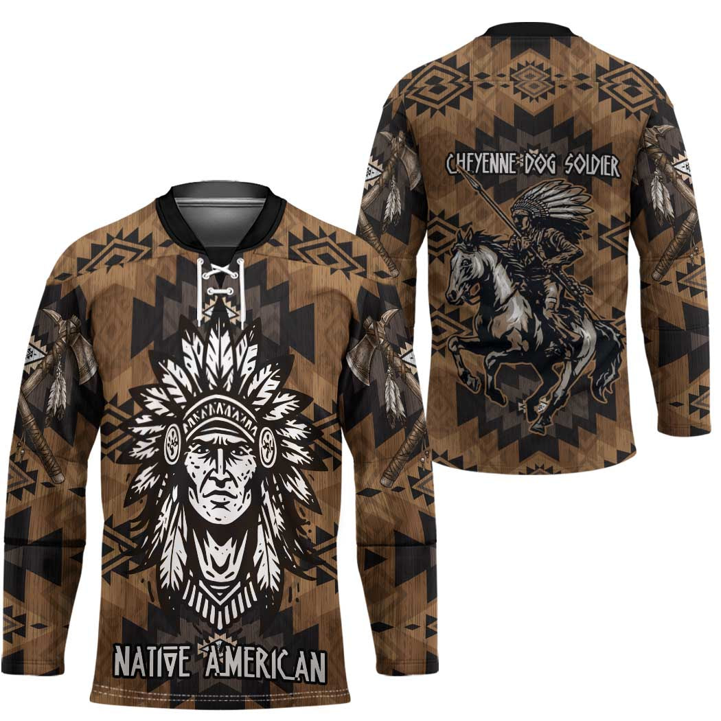 Native American Chief Warrior Hockey Jersey Feather Headdress and Horse Tribal Arrow Pattern - Wonder Print Shop