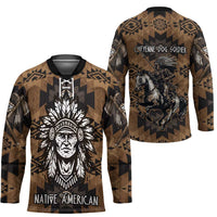 Native American Chief Warrior Hockey Jersey Feather Headdress and Horse Tribal Arrow Pattern - Wonder Print Shop