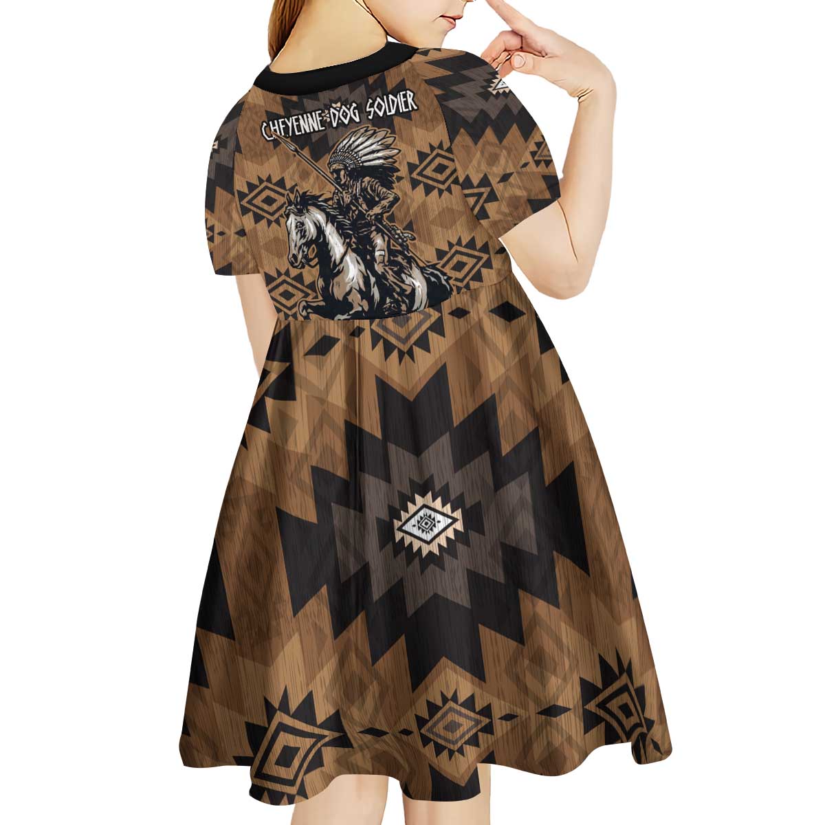 Native American Chief Warrior Kid Short Sleeve Dress Feather Headdress and Horse Tribal Arrow Pattern - Wonder Print Shop