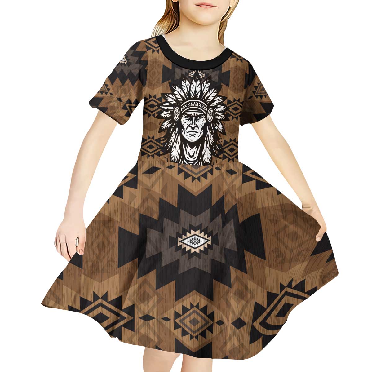 Native American Chief Warrior Kid Short Sleeve Dress Feather Headdress and Horse Tribal Arrow Pattern - Wonder Print Shop