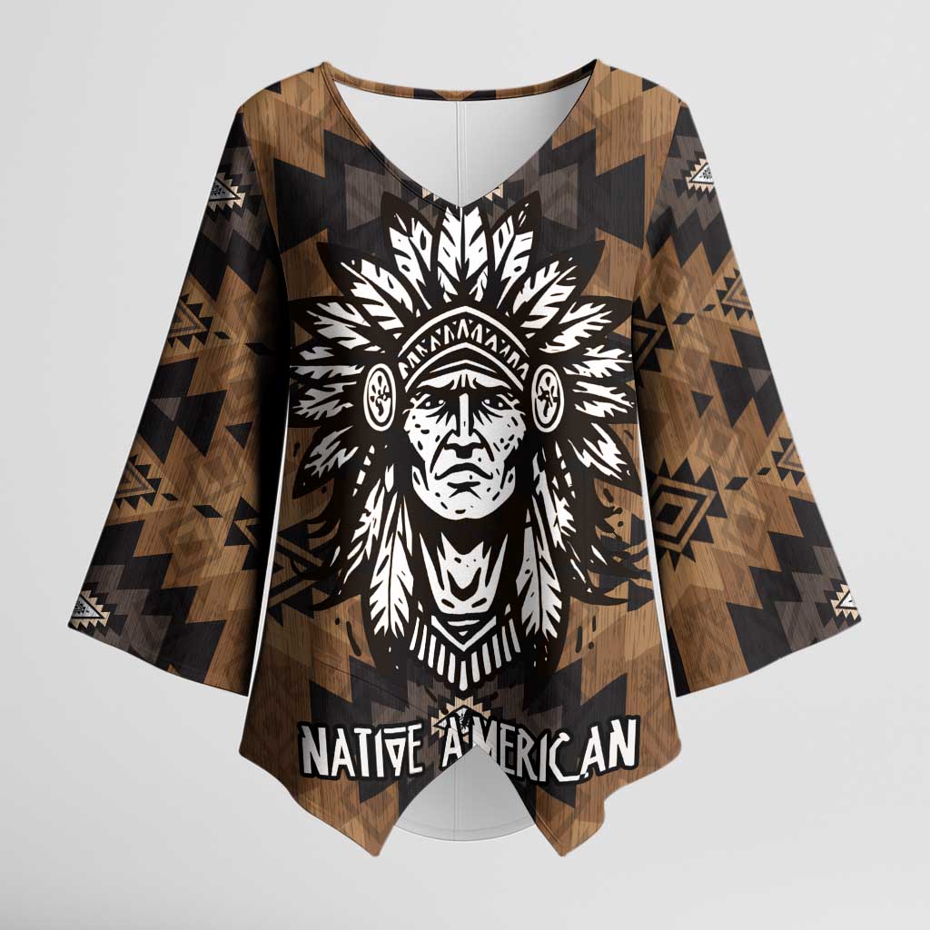 Native American Chief Warrior Kimono Sleeve Blouse Feather Headdress and Horse Tribal Arrow Pattern - Wonder Print Shop