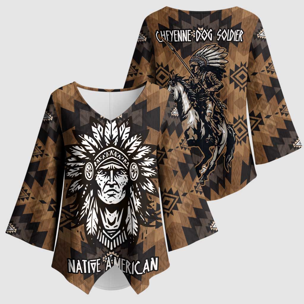 Native American Chief Warrior Kimono Sleeve Blouse Feather Headdress and Horse Tribal Arrow Pattern - Wonder Print Shop