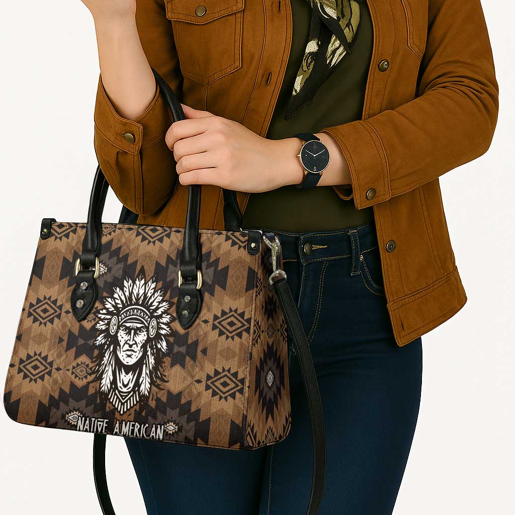 Native American Chief Warrior Leather Bag Feather Headdress and Horse Tribal Arrow Pattern - Wonder Print Shop