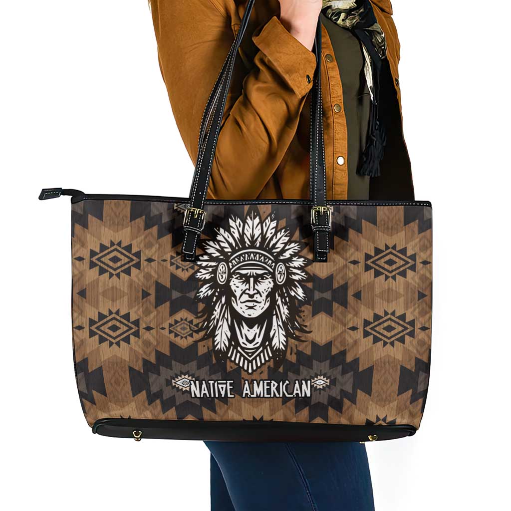 Native American Chief Warrior Leather Tote Bag Feather Headdress and Horse Tribal Arrow Pattern - Wonder Print Shop