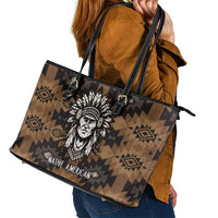 Native American Chief Warrior Leather Tote Bag Feather Headdress and Horse Tribal Arrow Pattern - Wonder Print Shop