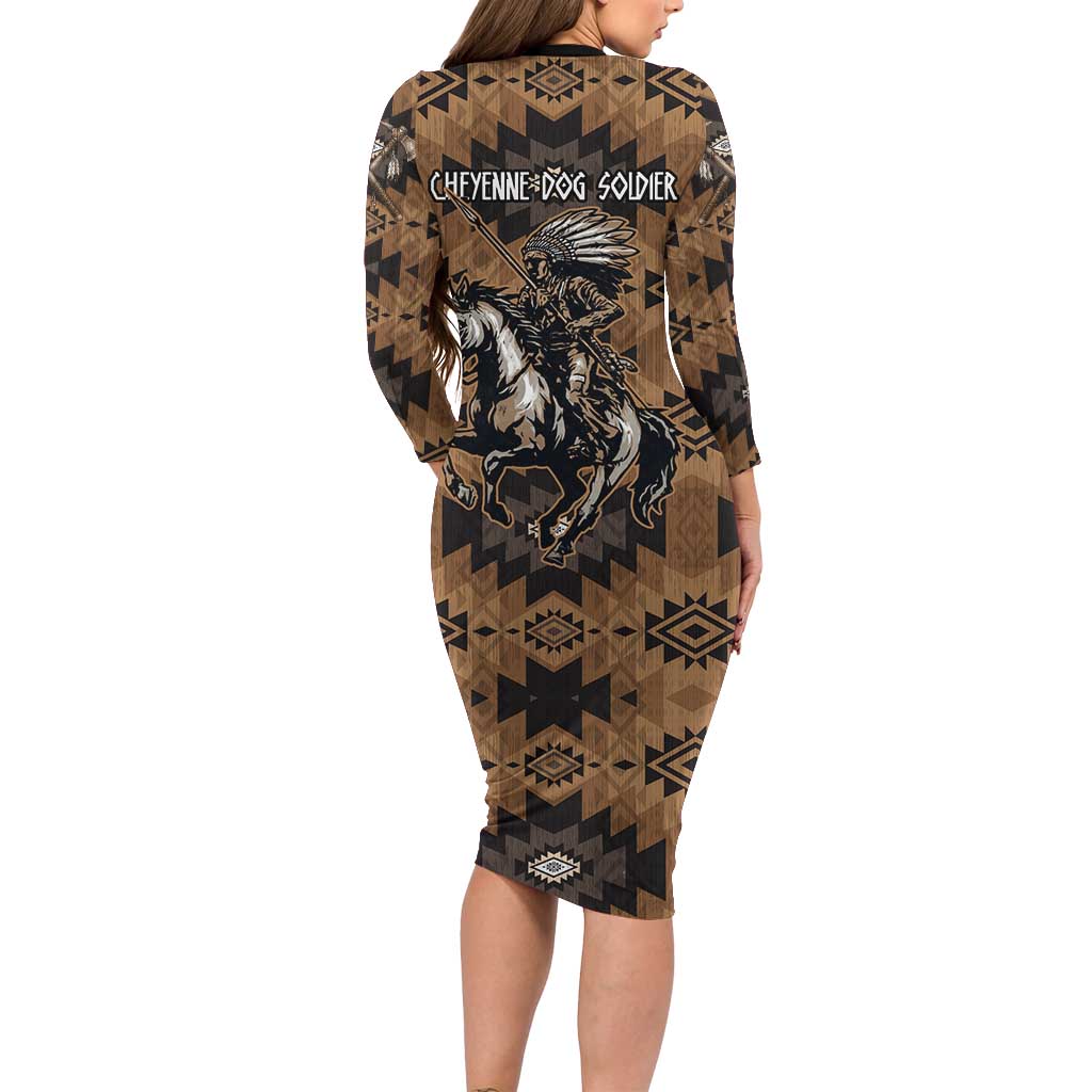 Native American Chief Warrior Long Sleeve Bodycon Dress Feather Headdress and Horse Tribal Arrow Pattern - Wonder Print Shop