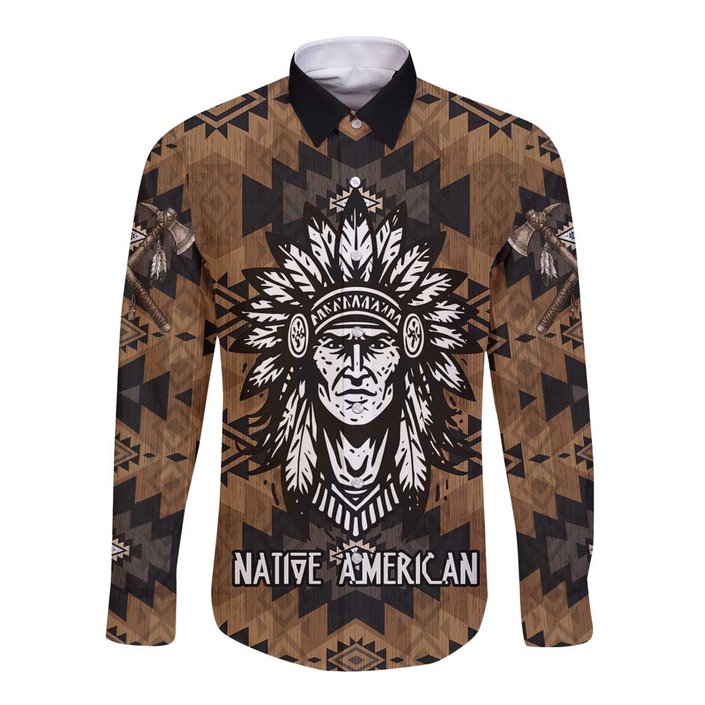 Native American Chief Warrior Long Sleeve Button Shirt Feather Headdress and Horse Tribal Arrow Pattern - Wonder Print Shop