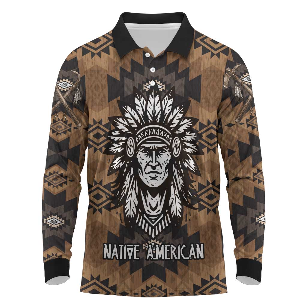 Native American Chief Warrior Long Sleeve Polo Shirt Feather Headdress and Horse Tribal Arrow Pattern - Wonder Print Shop