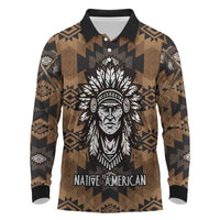Native American Chief Warrior Long Sleeve Polo Shirt Feather Headdress and Horse Tribal Arrow Pattern - Wonder Print Shop