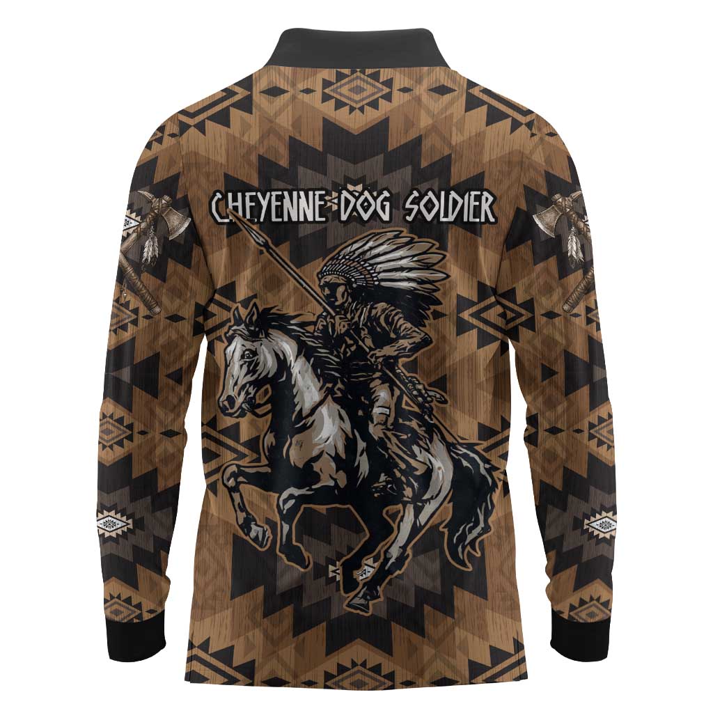Native American Chief Warrior Long Sleeve Polo Shirt Feather Headdress and Horse Tribal Arrow Pattern - Wonder Print Shop