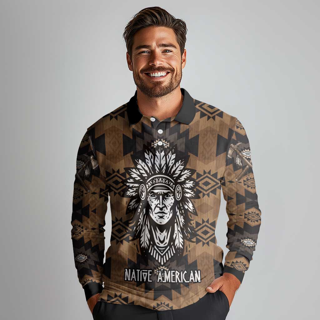 Native American Chief Warrior Long Sleeve Polo Shirt Feather Headdress and Horse Tribal Arrow Pattern - Wonder Print Shop