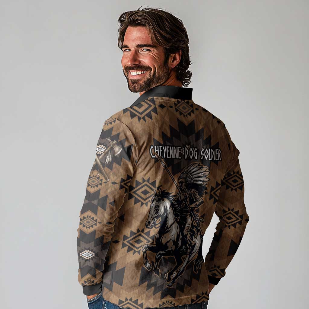 Native American Chief Warrior Long Sleeve Polo Shirt Feather Headdress and Horse Tribal Arrow Pattern - Wonder Print Shop
