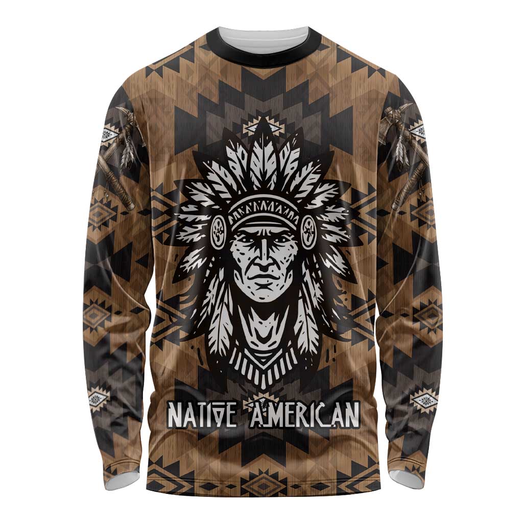 Native American Chief Warrior Long Sleeve Shirt Feather Headdress and Horse Tribal Arrow Pattern - Wonder Print Shop