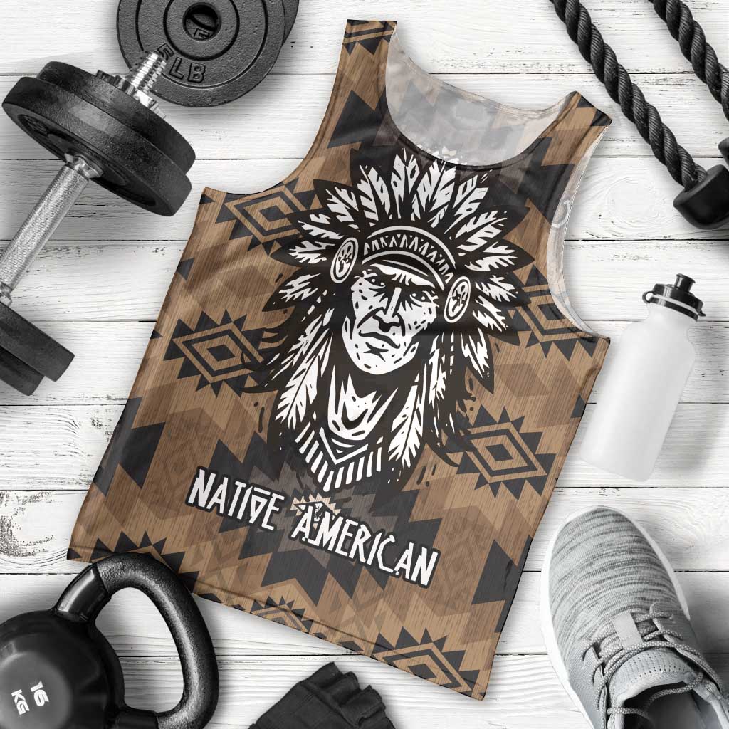 Native American Chief Warrior Men Tank Top Feather Headdress and Horse Tribal Arrow Pattern - Wonder Print Shop