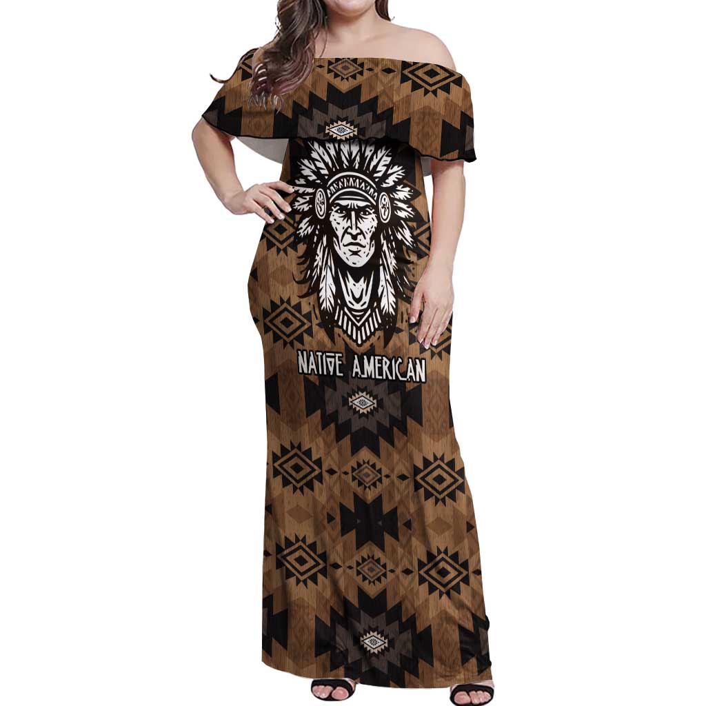 Native American Chief Warrior Off Shoulder Maxi Dress Feather Headdress and Horse Tribal Arrow Pattern - Wonder Print Shop