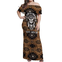 Native American Chief Warrior Off Shoulder Maxi Dress Feather Headdress and Horse Tribal Arrow Pattern - Wonder Print Shop