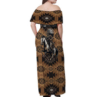 Native American Chief Warrior Off Shoulder Maxi Dress Feather Headdress and Horse Tribal Arrow Pattern - Wonder Print Shop