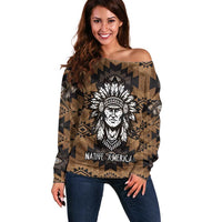 Native American Chief Warrior Off Shoulder Sweater Feather Headdress and Horse Tribal Arrow Pattern - Wonder Print Shop