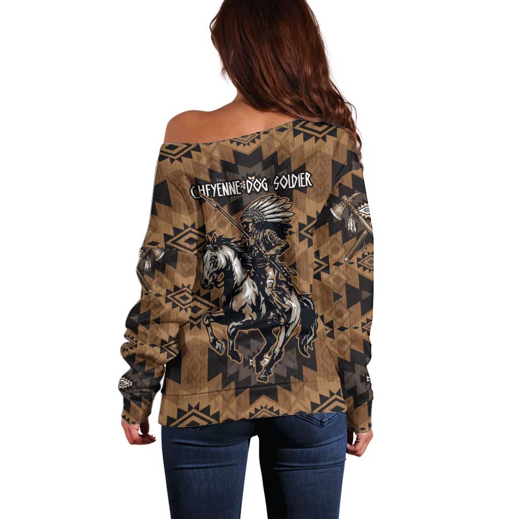 Native American Chief Warrior Off Shoulder Sweater Feather Headdress and Horse Tribal Arrow Pattern - Wonder Print Shop