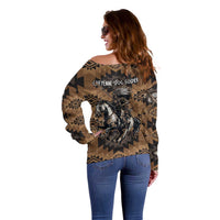 Native American Chief Warrior Off Shoulder Sweater Feather Headdress and Horse Tribal Arrow Pattern - Wonder Print Shop