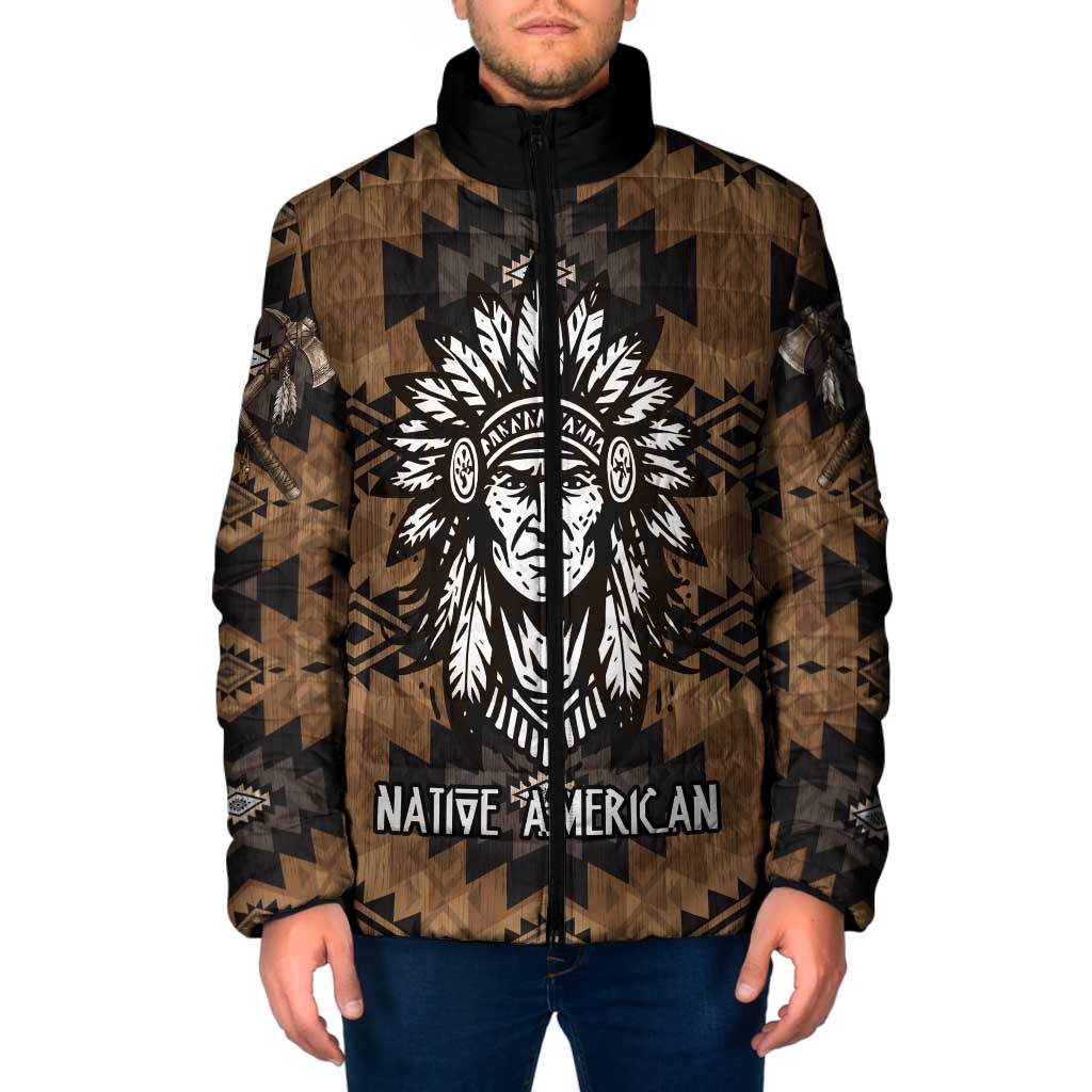 Native American Chief Warrior Padded Jacket Feather Headdress and Horse Tribal Arrow Pattern - Wonder Print Shop