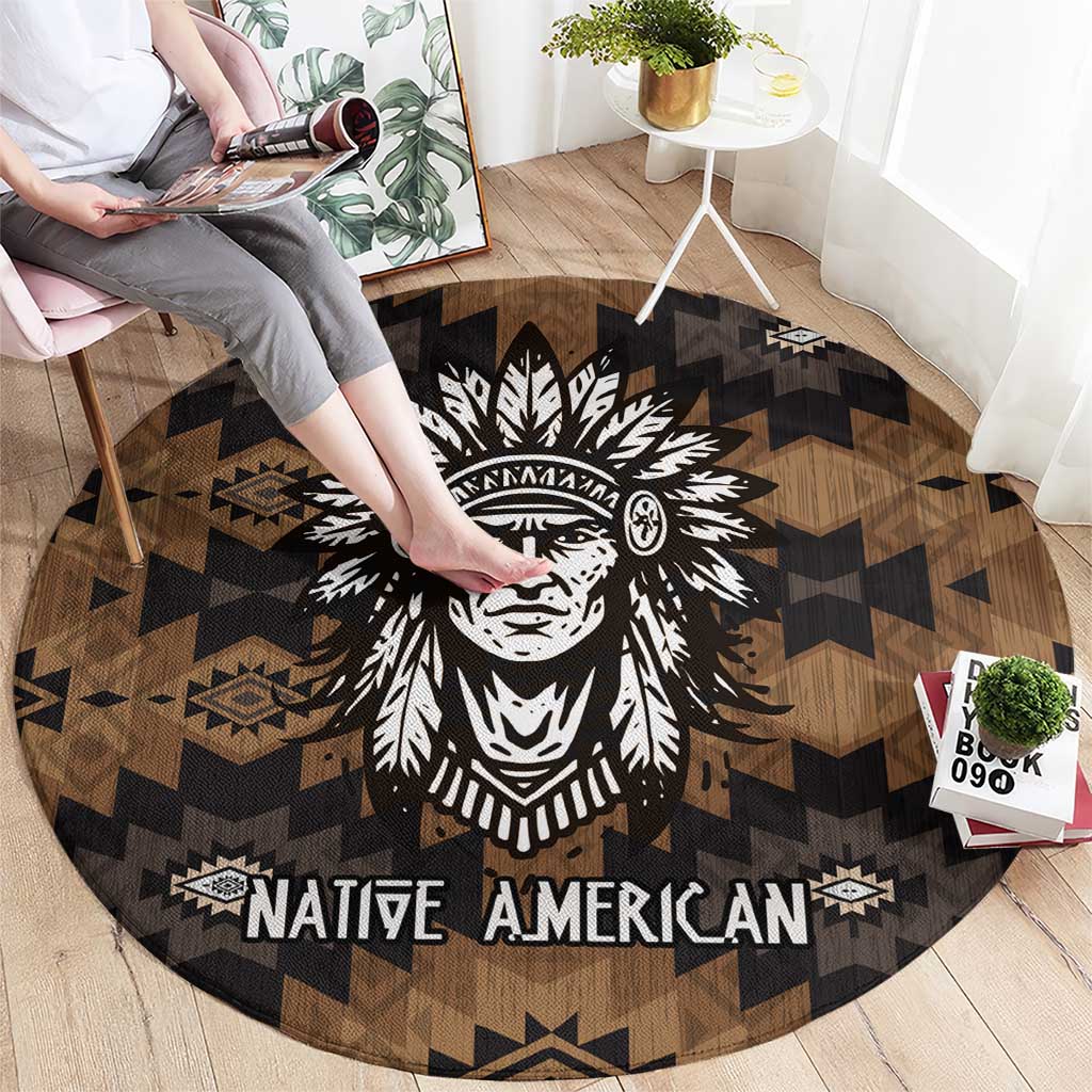 Native American Chief Warrior Round Carpet Feather Headdress and Horse Tribal Arrow Pattern - Wonder Print Shop
