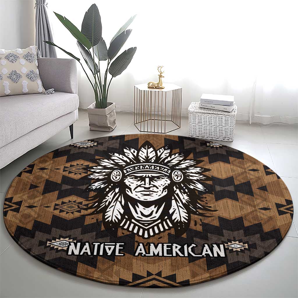 Native American Chief Warrior Round Carpet Feather Headdress and Horse Tribal Arrow Pattern - Wonder Print Shop