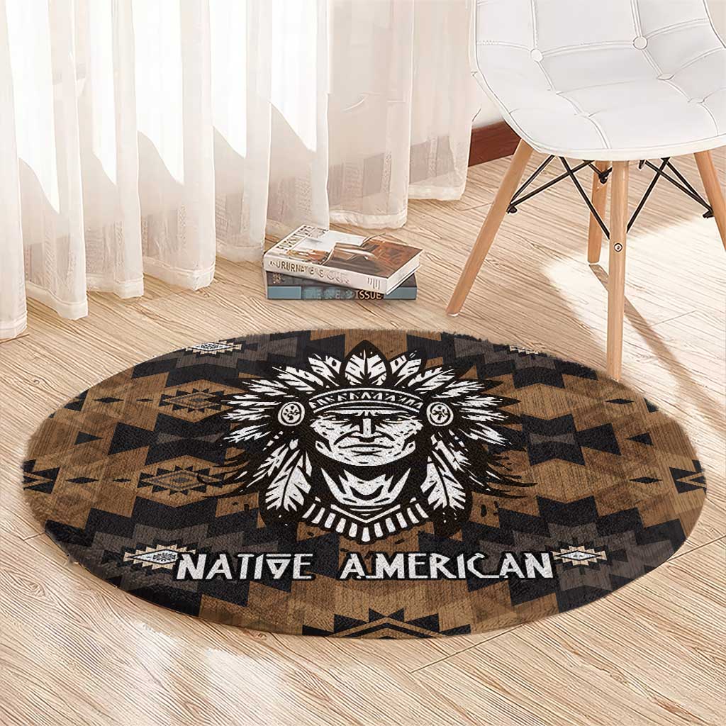 Native American Chief Warrior Round Carpet Feather Headdress and Horse Tribal Arrow Pattern - Wonder Print Shop