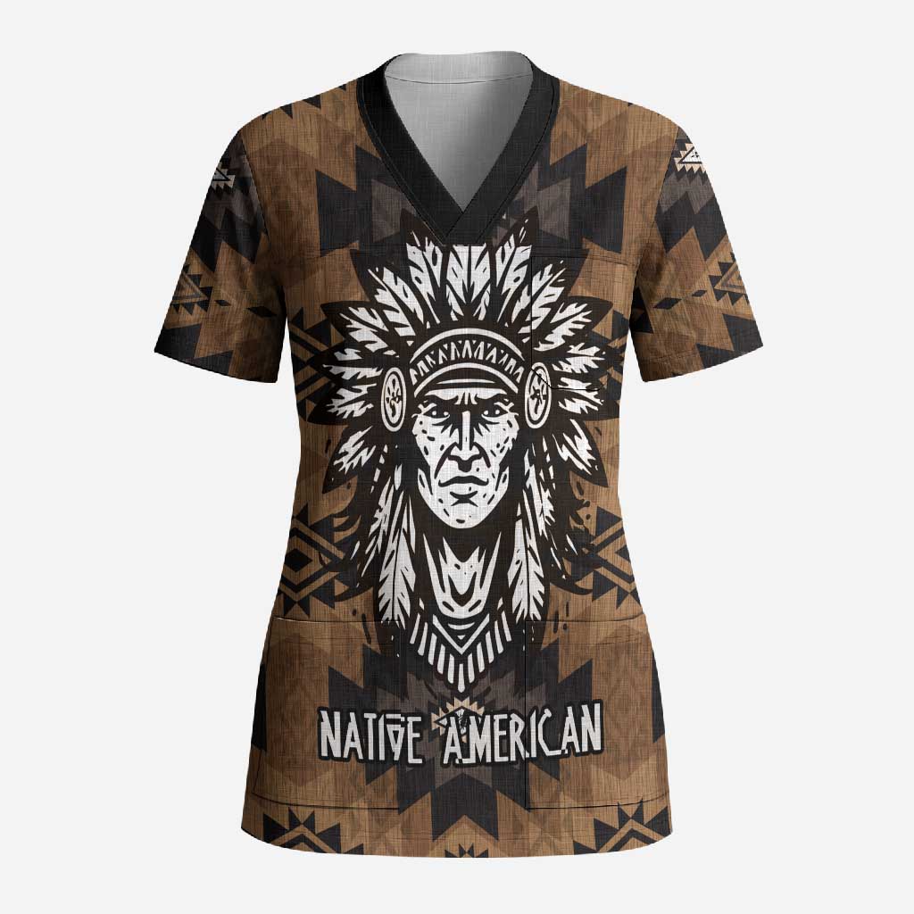 Native American Chief Warrior Scrub Top Feather Headdress and Horse Tribal Arrow Pattern - Wonder Print Shop