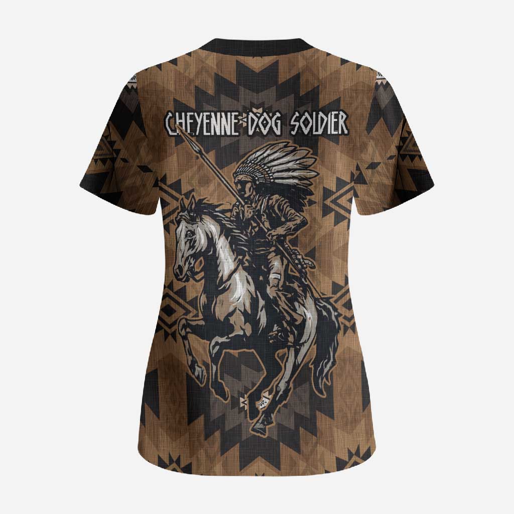 Native American Chief Warrior Scrub Top Feather Headdress and Horse Tribal Arrow Pattern - Wonder Print Shop